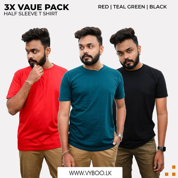 3 Crew Neck T-Shirts Pack - Red, Teal Green, Black Vyboo
