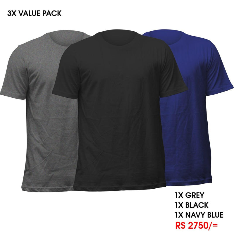 3 Crew Neck T-Shirts Pack - Grey, Black, Navy Blue Vyboo