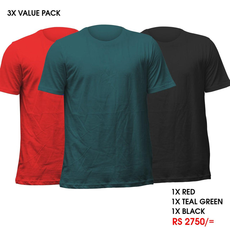 3 Crew Neck T-Shirts Pack - Red, Teal Green, Black Vyboo