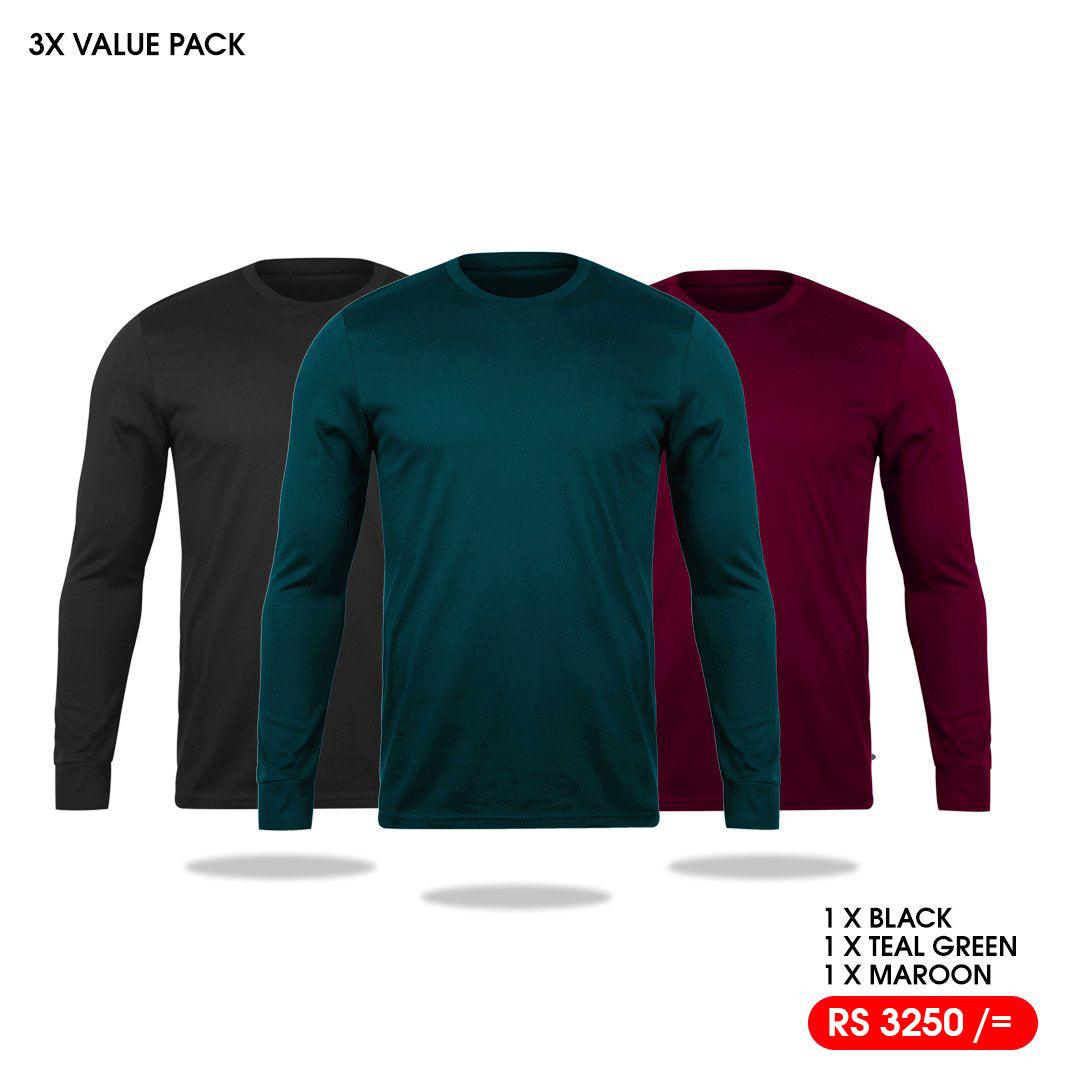 3 Long Sleeve T-Shirts Pack - Black, Teal Green, Maroon Vyboo