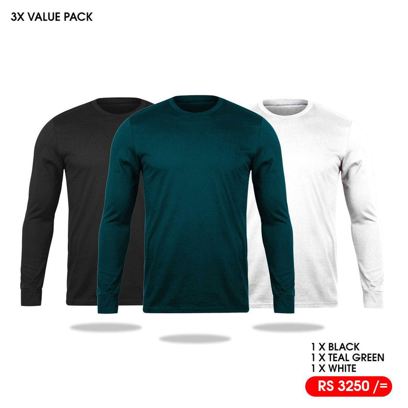 3 Long Sleeve T-Shirts Pack - Black, Teal Green, White Vyboo