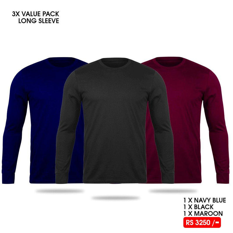 3 Long Sleeve T-Shirts Pack - Navy Blue, Black, Maroon Vyboo