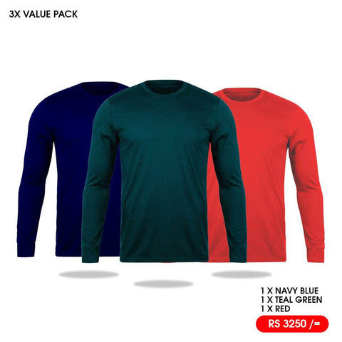 3 Long Sleeve T-Shirts Pack - Navy Blue, Teal Green, Red Vyboo