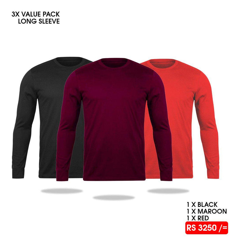 3 Long Sleeve T-Shirts Pack - Black, Maroon, Red Vyboo
