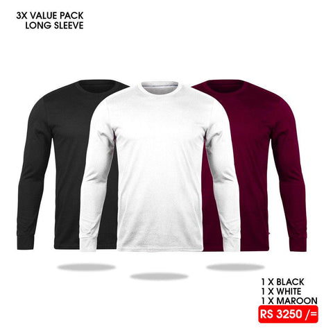 3 Long Sleeve T-Shirts Pack - Black, White, Maroon Vyboo