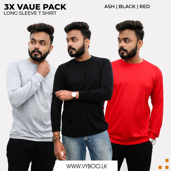 3 Long Sleeve T-Shirts Pack - Ash, Black, Red Vyboo