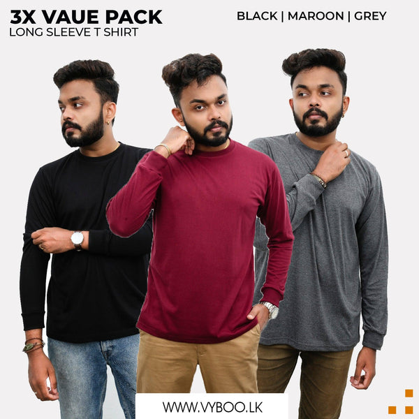 3 Long Sleeve T-Shirts Pack - Black, Maroon, Grey Vyboo