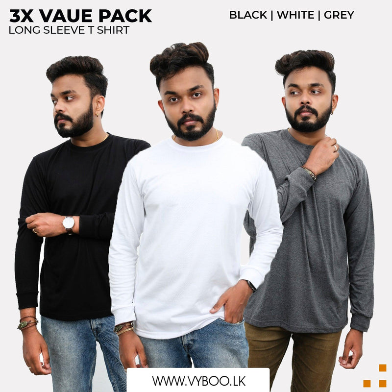 3 Long Sleeve T-Shirts Pack  - Black, White, Grey Vyboo