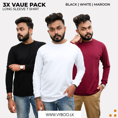 3 Long Sleeve T-Shirts Pack - Black, White, Maroon Vyboo