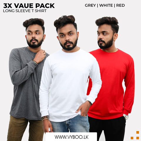 3 Long Sleeve T-Shirts Pack - Grey, White, Red Vyboo