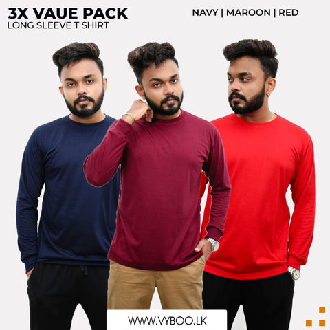 3 Long Sleeve T-Shirts Pack - Navy Blue, Maroon, Red Vyboo