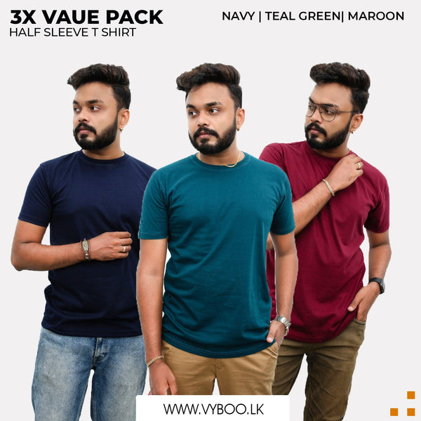 3 Crew Neck T-Shirts Pack - Navy blue , Teal Green, Maroon Vyboo