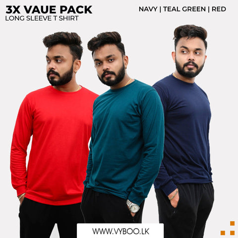 3 Long Sleeve T-Shirts Pack - Navy Blue, Teal Green, Red Vyboo