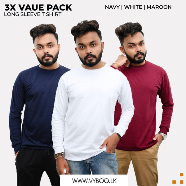 3 Long Sleeve T-Shirts Pack  - Navy Blue, White, Maroon Vyboo
