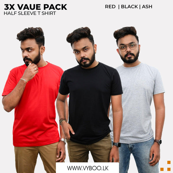 3 Crew Neck T-Shirts Pack - Red, Black, Ash Vyboo