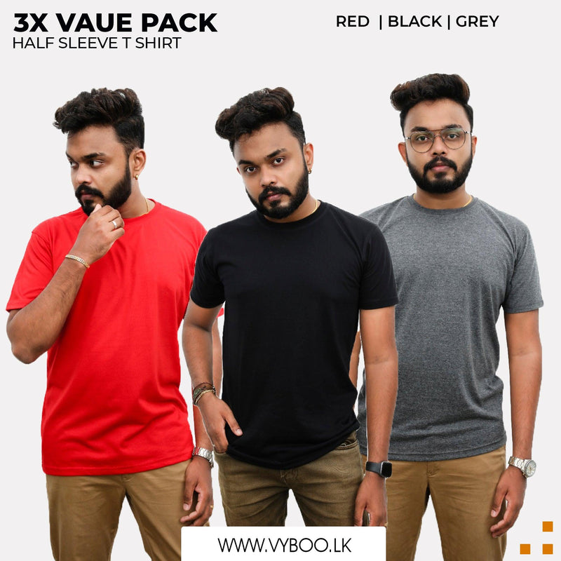 3 Crew Neck T-Shirts Pack - Red, Black, Grey Vyboo