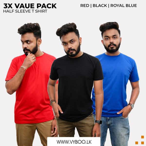 3 Crew Neck T-Shirts Pack - Royal Blue, Red, Black Vyboo