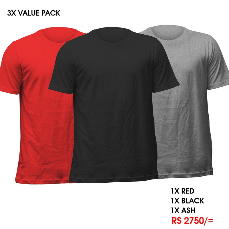 3 Crew Neck T-Shirts Pack - Red, Black, Ash Vyboo