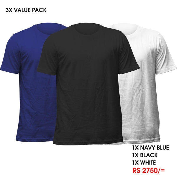 3 Crew Neck T-Shirts Pack - Navy Blue, Black, White Vyboo