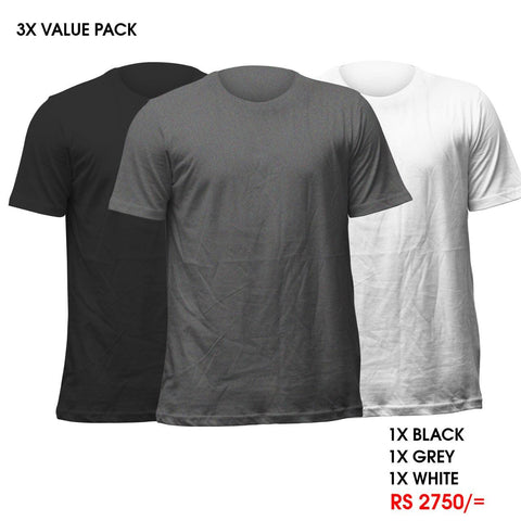 3 Crew Neck T-Shirts Pack - Black, Grey, White Vyboo