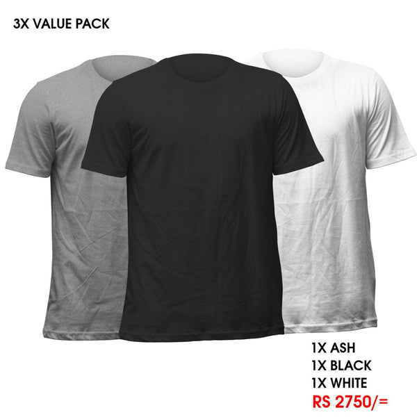 3 Crew Neck T-Shirts Pack - Ash, Black, White Vyboo
