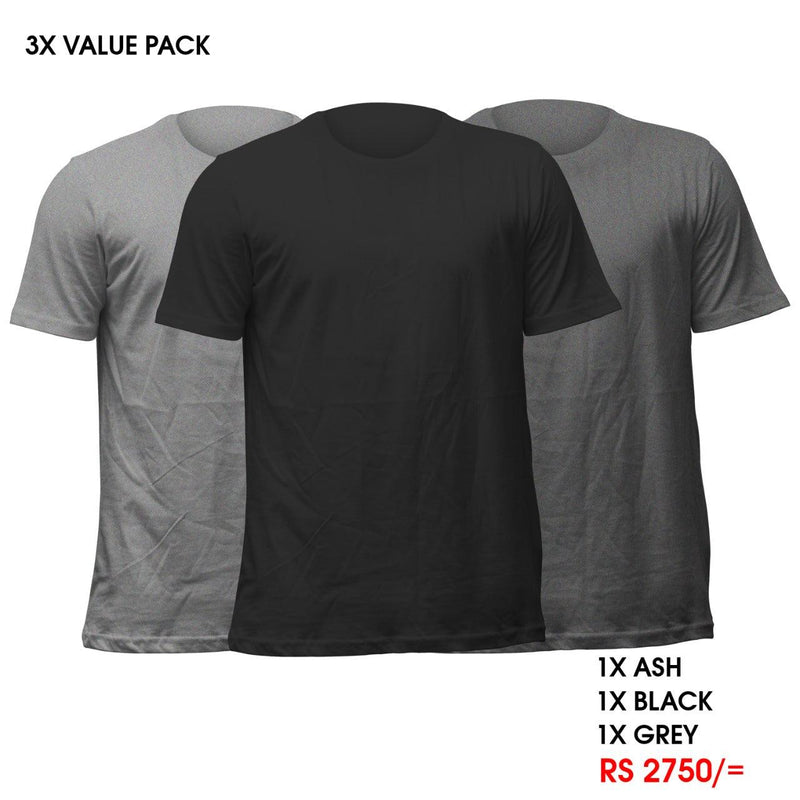 3 Crew Neck T-Shirts Pack - Ash, Black, Grey Vyboo