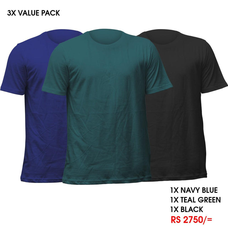 3 Crew Neck T-Shirts Pack - Navy blue , Teal Green, Black Vyboo