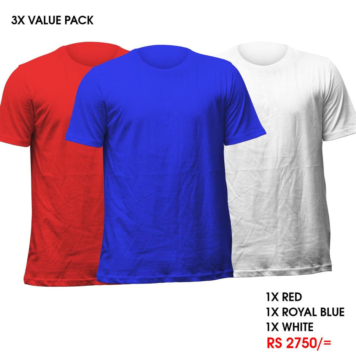 3 Crew Neck T-Shirts Pack - Royal Blue, Red, White Vyboo
