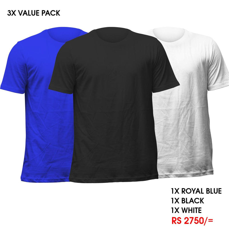 3 Crew Neck T-Shirts Pack - Royal Blue, Black, White Vyboo