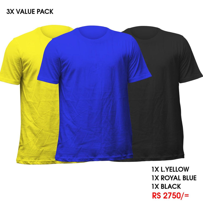 3 Crew Neck T-Shirts Pack - L Yellow, Royal Blue , Black Vyboo