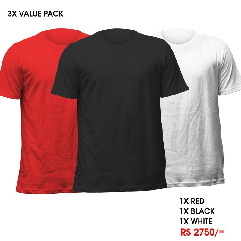 3 Crew Neck T-Shirts Pack - Red, Black, White Vyboo