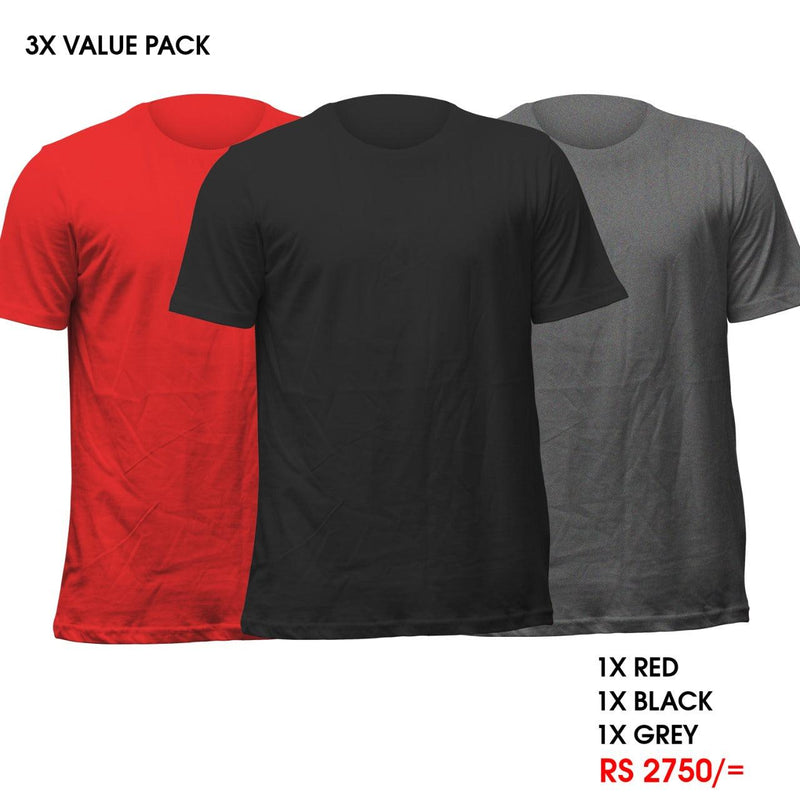 3 Crew Neck T-Shirts Pack - Red, Black, Grey Vyboo