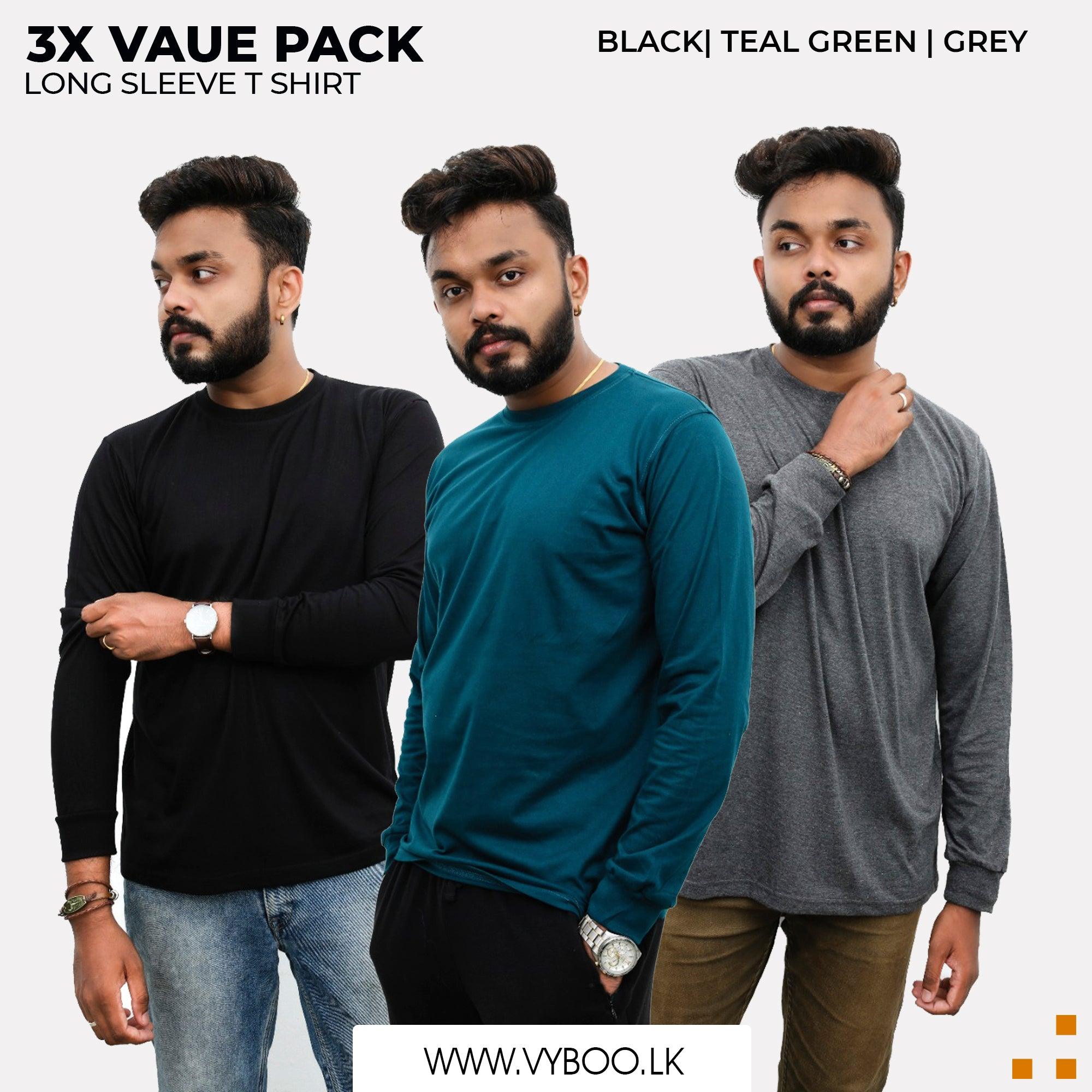 3 Long Sleeve T-Shirts Pack - Black, Teal Green, Grey Vyboo