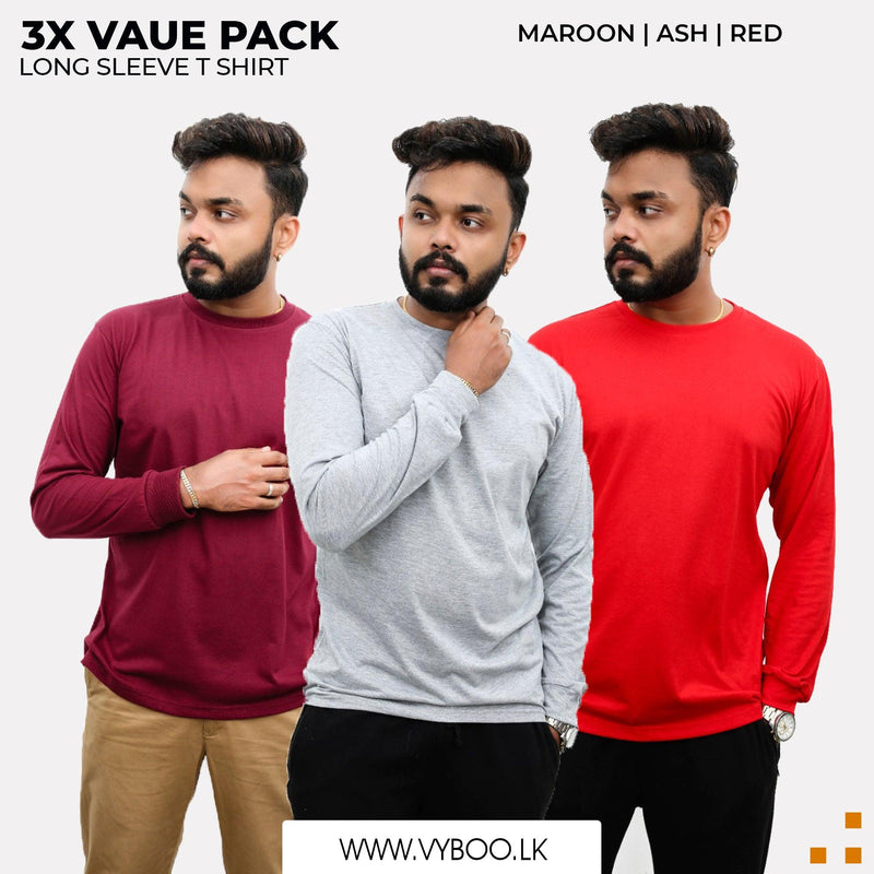 3 Long Sleeve T-Shirts Pack  - Maroon, Ash, Red Vyboo