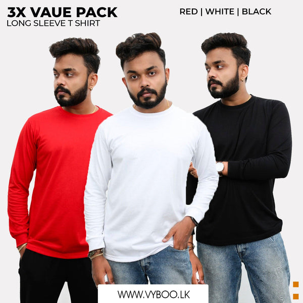 3 Long Sleeve T-Shirts Pack - Red, White, Black Vyboo