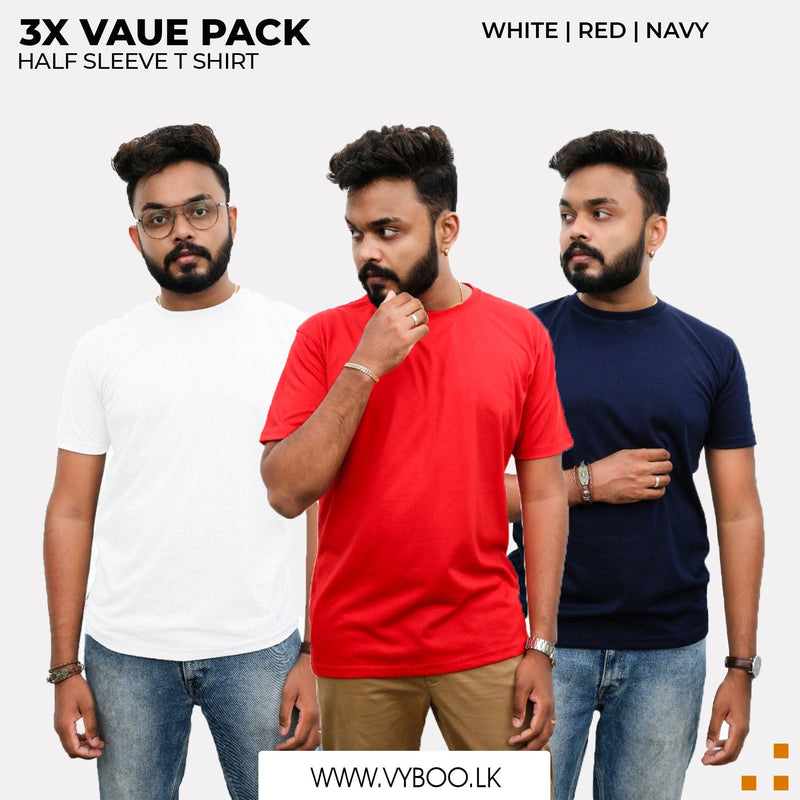 3 Crew Neck T-Shirts Pack -  Red, White, Navy Blue Vyboo